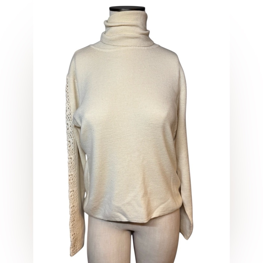 Mercer & Madison Italian Merino Wool Ivory Crochet Long Sleeve Sweater Sz L